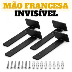 Kit 2 Suportes Mão Francesa 20/25/30cm Preto Efeito Invisível Cantoneira Invertida Pintura Eletrostática Aço 3mm Forte