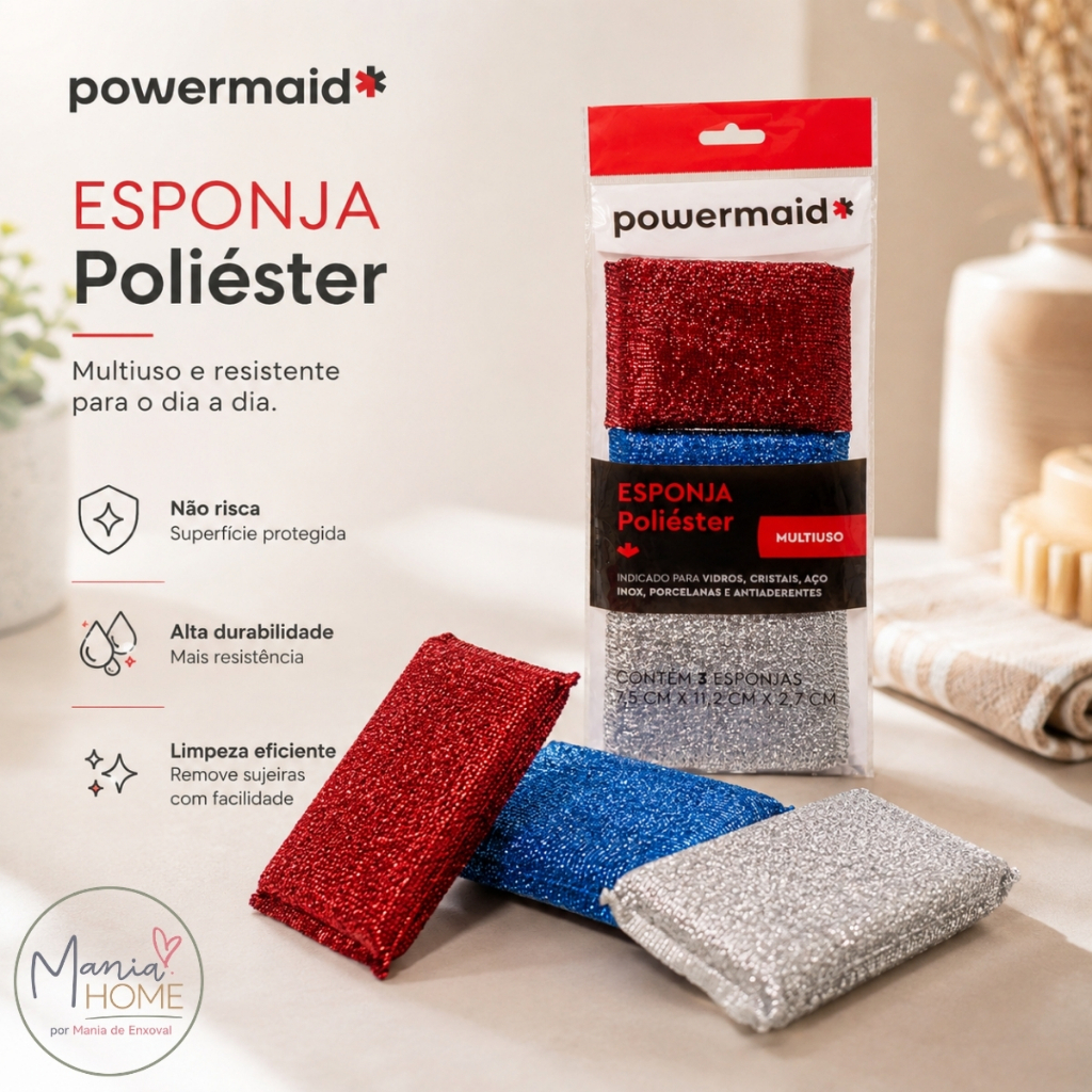 Kit 3 Esponjas Multiuso Não Risca Para Vidros Aço Inox Porcelanas Antiaderente Poliéster Powermaid