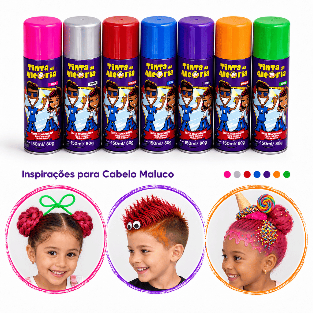 Tinta da Alegria em Spray p/ Cabelo Colorida Cabelo Maluco Carnaval Bloquinho Temporária 150ml Sai com Água
