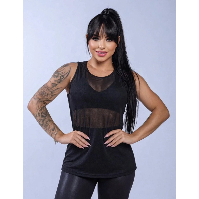 Regata Feminina Fitness Com Tule Transparência Blusa Academia Treino Dry Fit Confortável