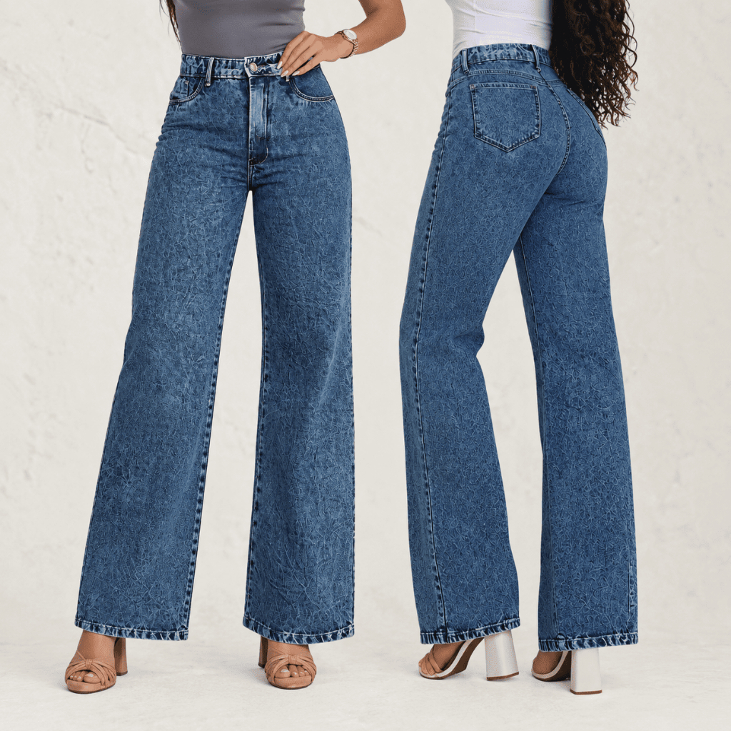 Calça Jeans Feminina Wide Leg Cintura Alta Marmorizada Azul