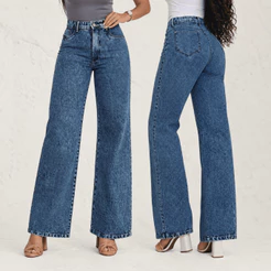 Calça Jeans Feminina Wide Leg Cintura Alta Marmorizada Azul