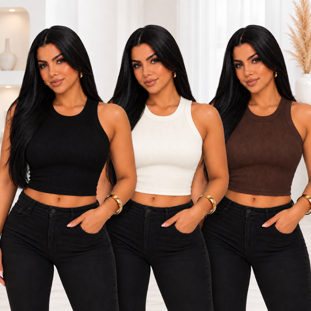 Blusa Cropped Regata Feminina Lisa Blusinha Básica Gola Redonda Malha Canelada Ribana Algodão Lovi