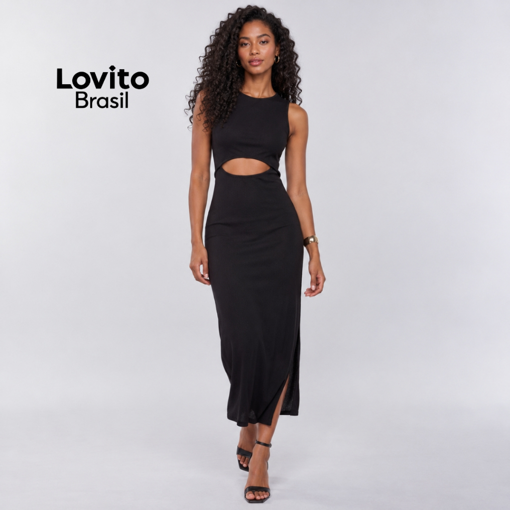 Lovito Vestido Midi Preto Cut Out Casual Lisa para Mulheres DRB1093BRL1123