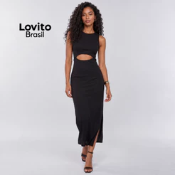 Lovito Vestido Midi Preto Cut Out Casual Lisa para Mulheres DRB1093BRL1123