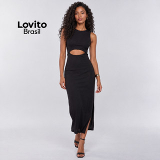 Lovito Vestido Midi Preto Cut Out Casual Lisa para Mulheres DRB1093BRL1123