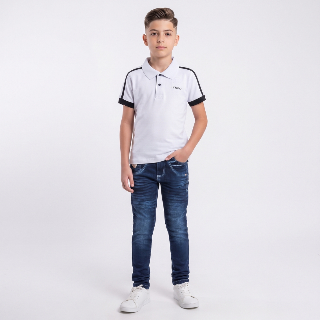 Conjunto Camisa Polo Manga curta e Calça Jeans Menino Infantil,Roupa de Passeio Inverno Confortável e Estiloso 4/16anos