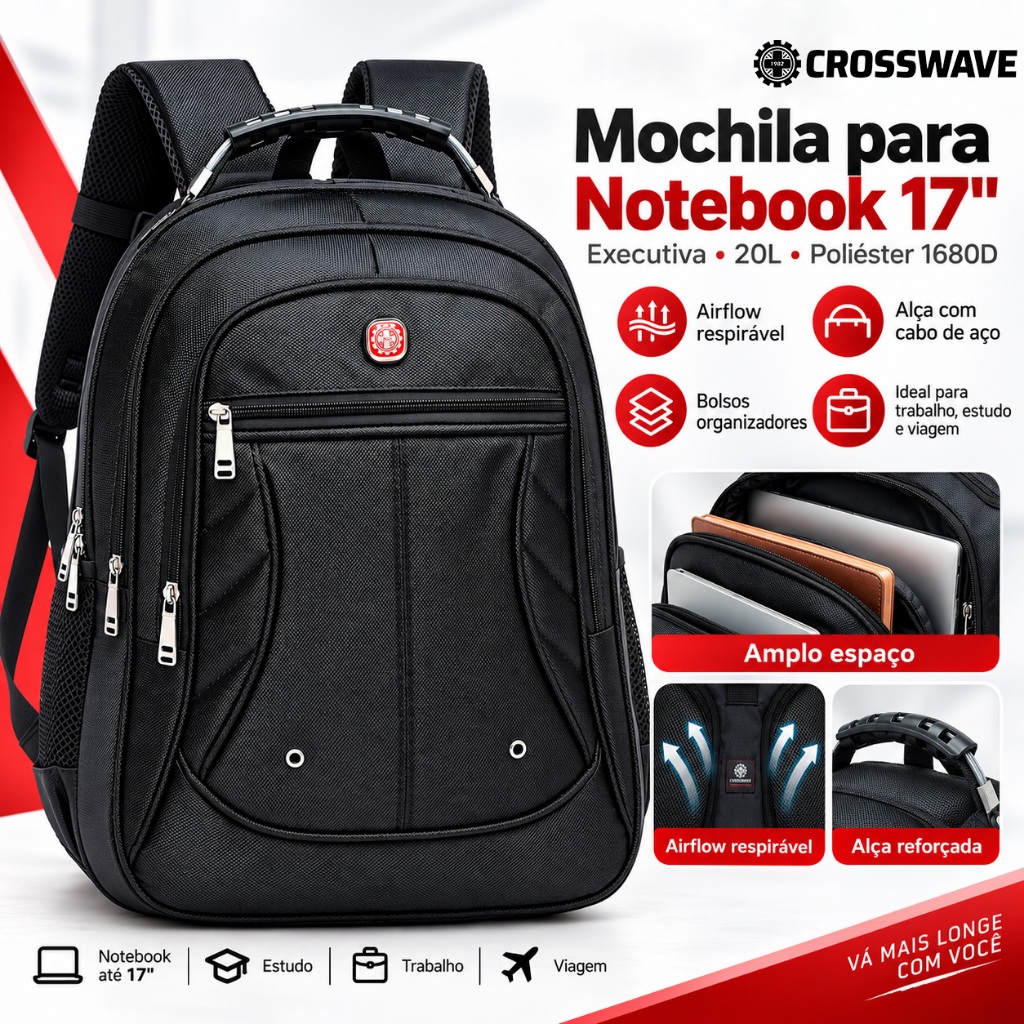 Mochila Masculina Crosswave Grande Reforçada em Poliéster 1680D para Trabalho Faculdade e Dia a Dia