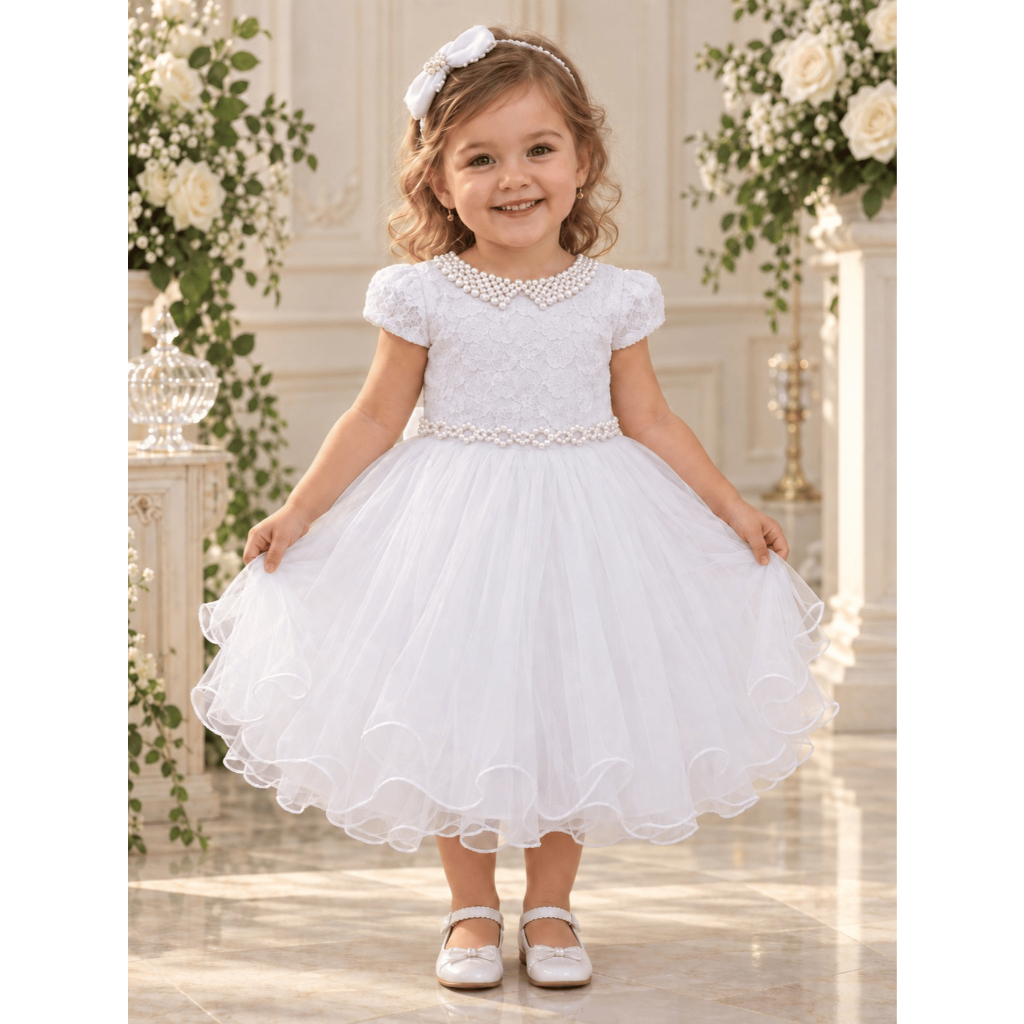 Vestido Batizado Festa Infantil Colar De Pérolas Super Luxo - 1.2.3.4
