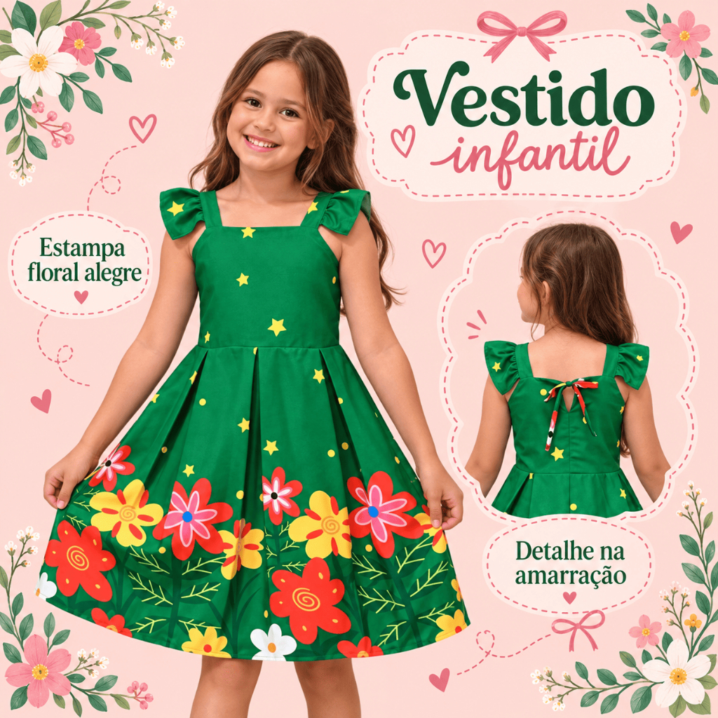 Vestido Infantil Menina Estampado Princesa Alegre Confortável para Festa e Passeio