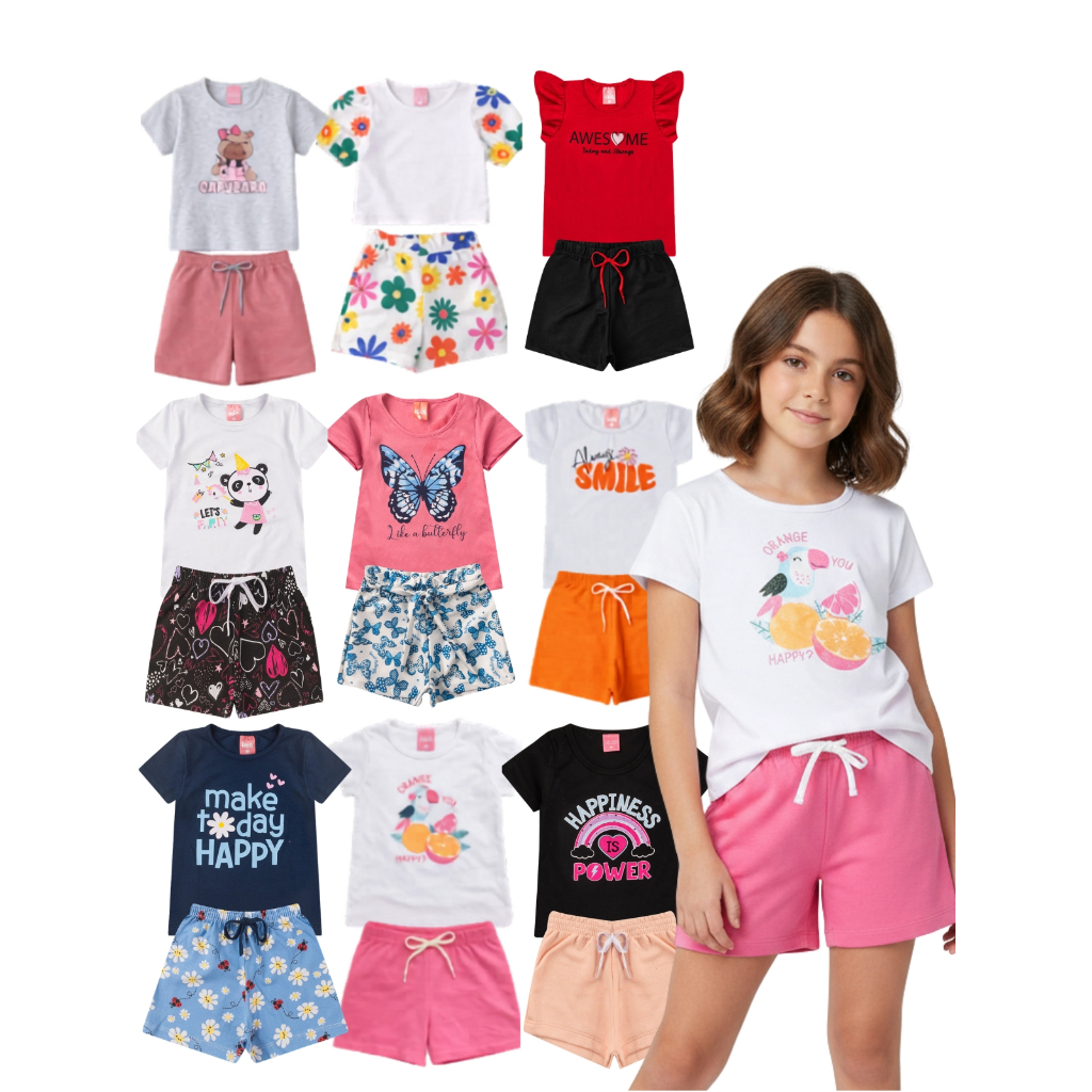 Kit 4 Peças Roupa Infantil Menina Conjunto Feminino Verão em Algodão Confortável Promoção 1 ao 12 Anos