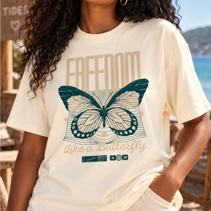 Camiseta Feminina Freedom Borboleta Estilo Vintage Oversized Estampada Casual Verão