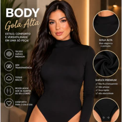 Body Feminino Básico Manga Longa Gola Alta Suplex Body Justo Elegante