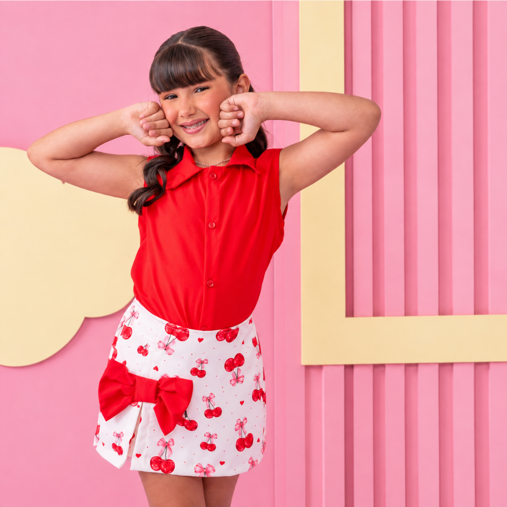 Conjunto Infantil Feminino Menina Blusa de Botão Short Saia com Laço Estampado Roupa Infantil Verão 2 ao 10