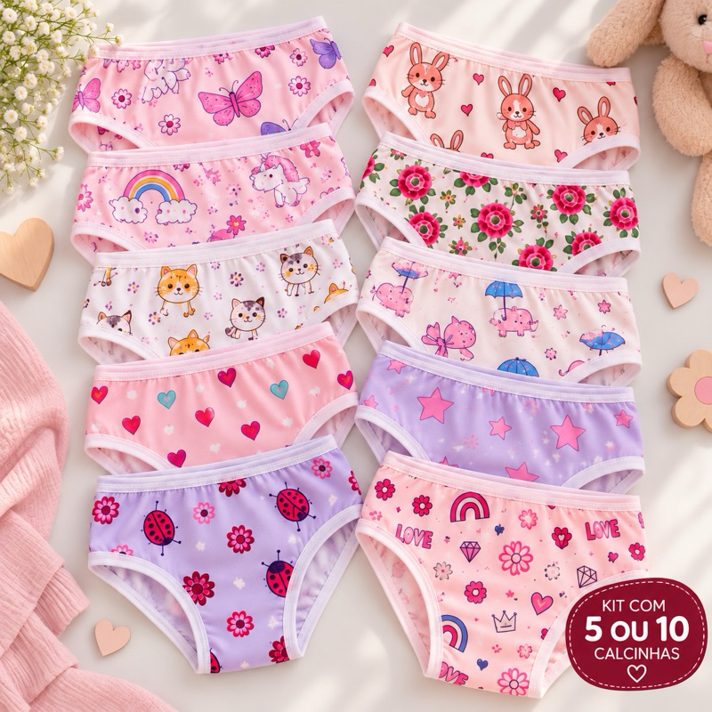 Kit 5 ou 10 Calcinhas Infantis para Menina 100% Algodão corton Estampadas Confortáveis