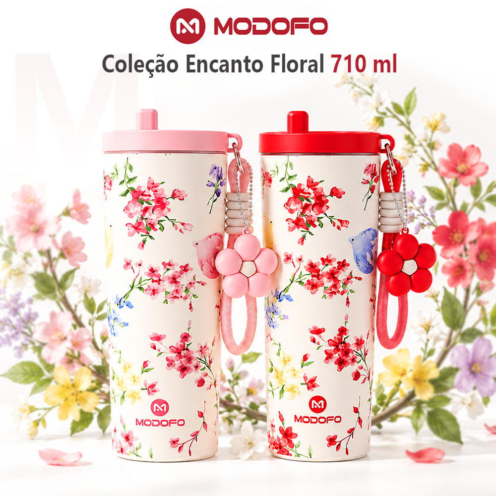 Copo Termico 710ml MODOFO Floral Garrafa Térmica com Canudo e Bocal Direto Aço Inox 316 Tampa Antivazamento