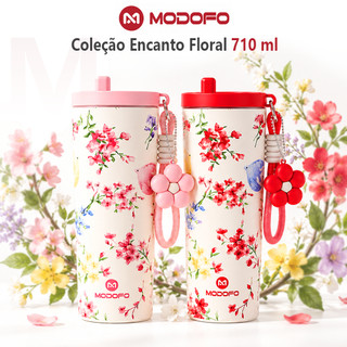 Copo Termico 710ml MODOFO Floral Garrafa Térmica com Canudo e Bocal Direto Aço Inox 316 Tampa Antivazamento