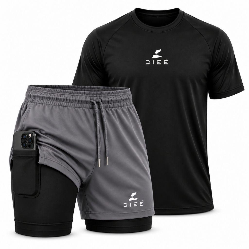 Kit camiseta dry fit + bermuda short 2 em 1 masculino Dieé com bolso interno, roupa academia , corrida, treino crossfit