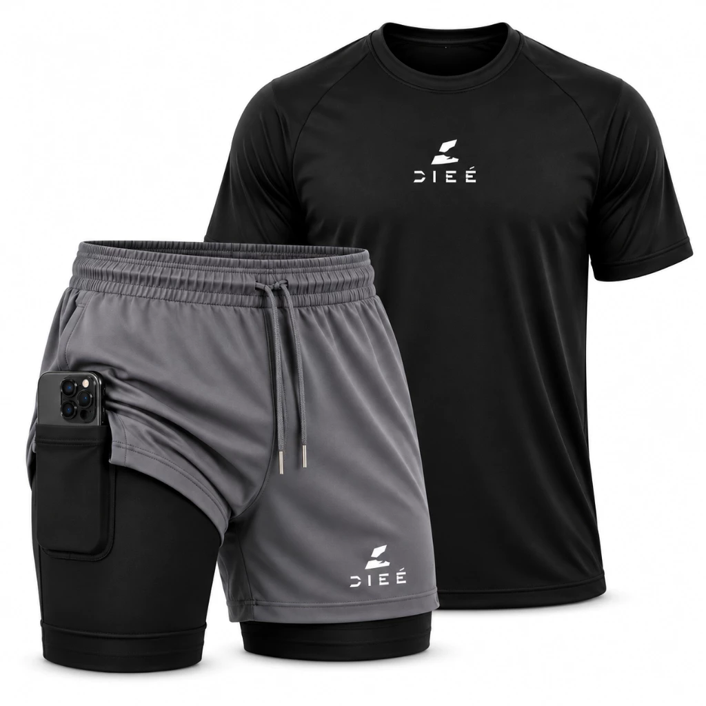 Kit camiseta dry fit + bermuda short  2 em 1 masculino Dieé com bolso interno, roupa academia , corrida, treino crossfit — imagem 1