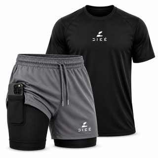 Kit camiseta dry fit + bermuda short  2 em 1 masculino Dieé com bolso interno, roupa academia , corrida, treino crossfit