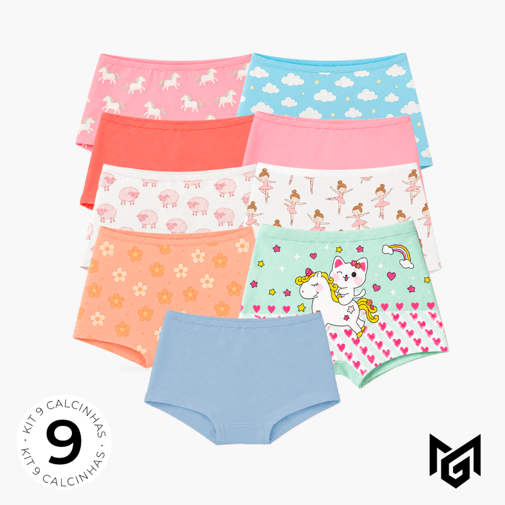 Kit 9 Calcinhas Shortinho Boxer Infantil Juvenil Feminina 100% Algodão Macia Confortável