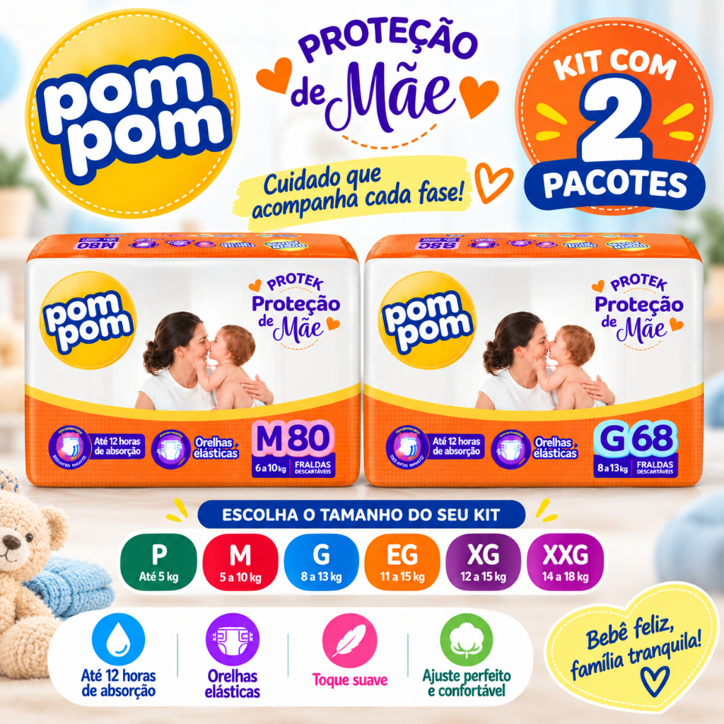 Kit 2 Fralda Pom Pom Derma Protek Hiper Atacado - Proteção de Mãe Todos os Tamanhos Pele Hidratada