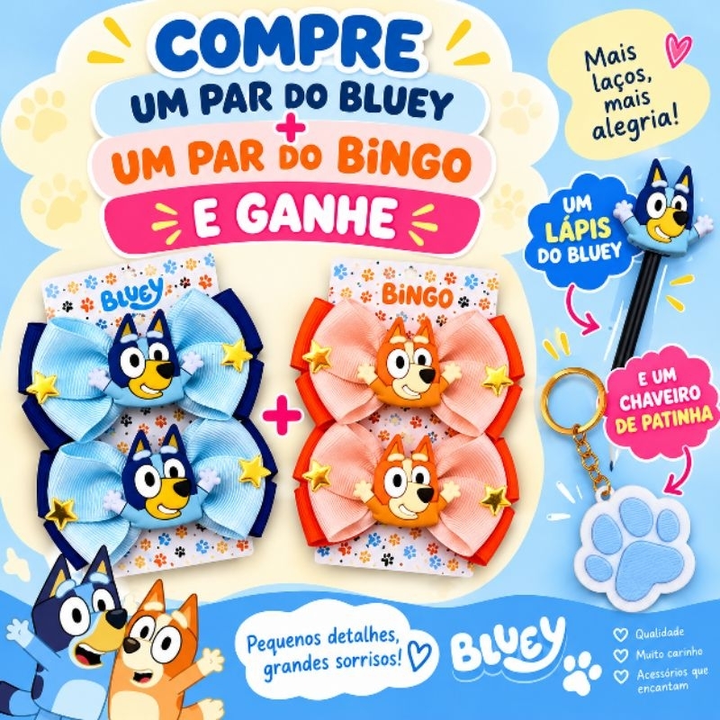 Parzinho Laço Bluey e Bingo Infantil Boutique Luxo Aplique Emborrachado