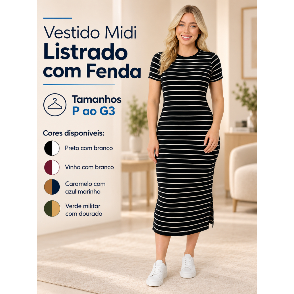 Vestido Midi Feminino no viscolaycra  Listrado com Fenda Lateral