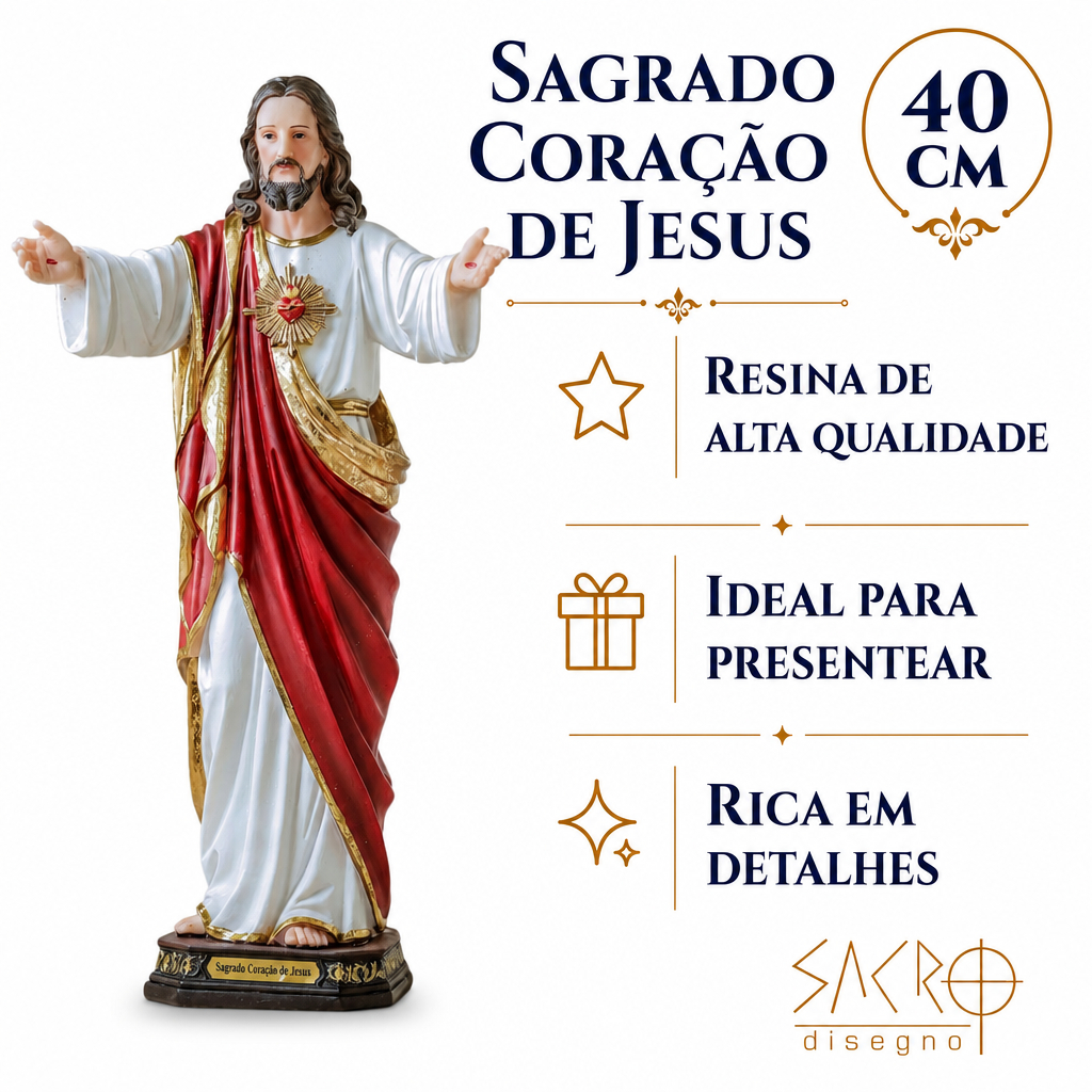 Imagem Sagrado Coração De Jesus Braços Abertos Resina 40cm