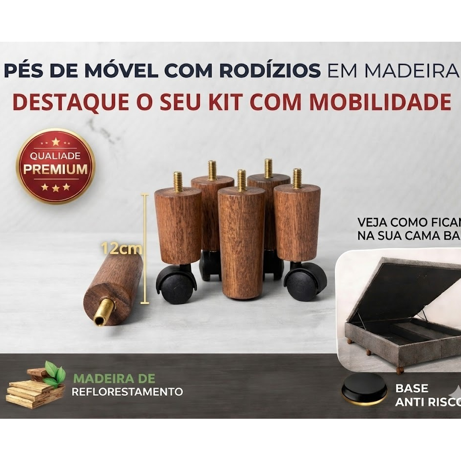 Kit Pés 12 cm para Cama Box Casal – Pezinho de Madeira Maciça Transforme sua cama box com elegância e resistência