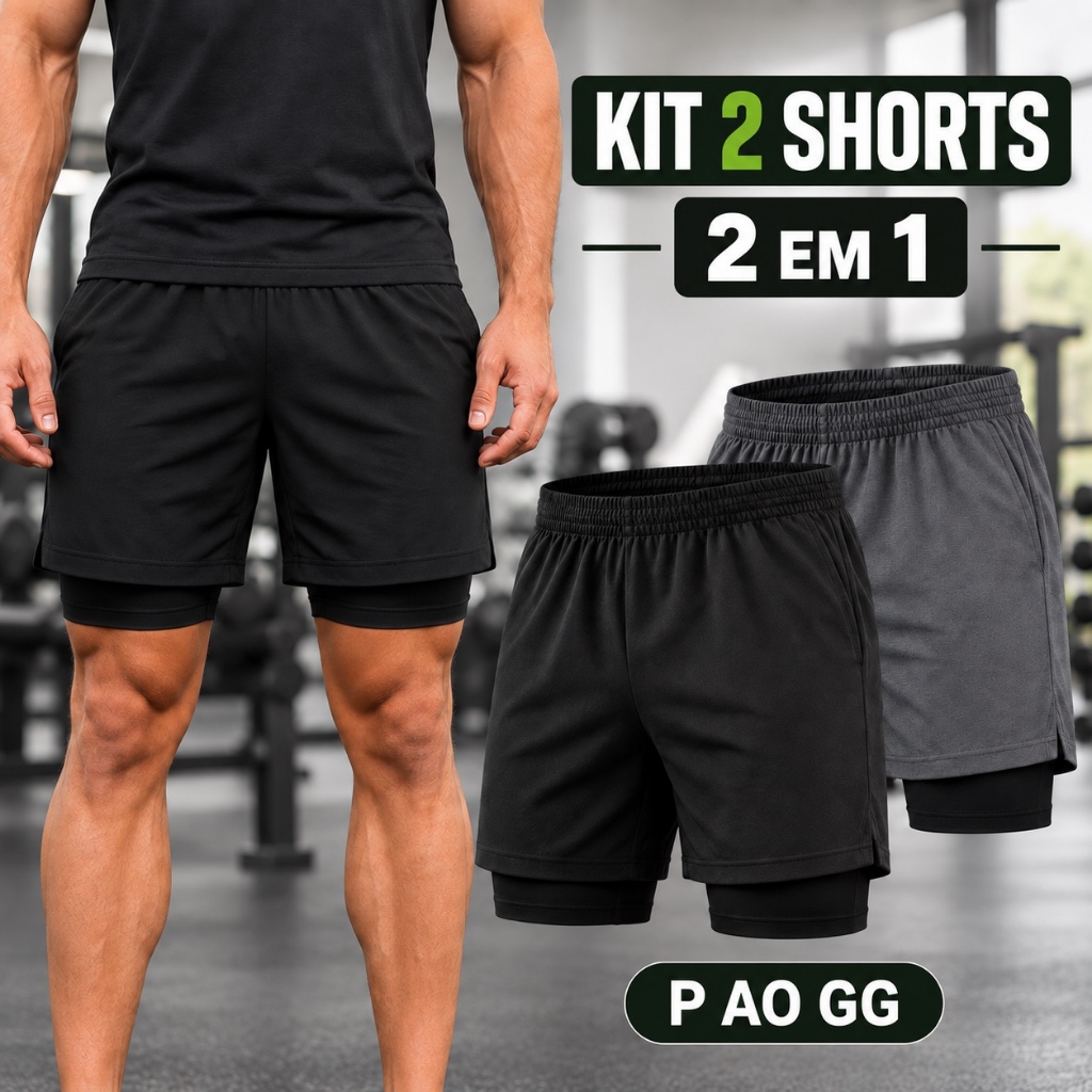 Kit 2 Shorts Bermuda 2 em 1 Masculino Dry Fit Academia Treino Corrida Elastano Bolso Interno Celular P ao GG