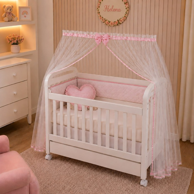Mosquiteiro para Mini Berço com Fita de Cetim e Laço - Véu Tule Branco e Palha - Enxoval Bebê Menina e Menino
