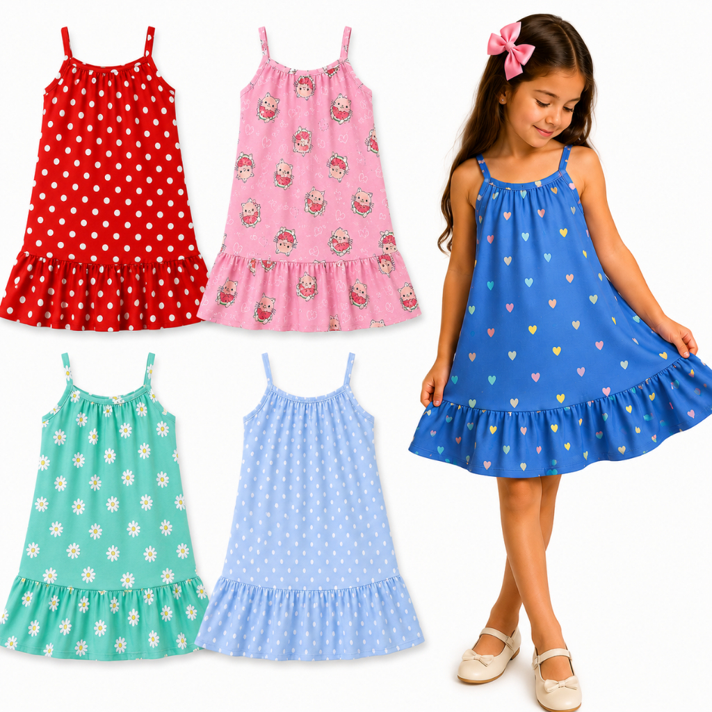 Kit 4 Vestidos Infantis Femininos Menina Alcinha Verão Fresquinho Confortável Estampado Tam 1 ao 8