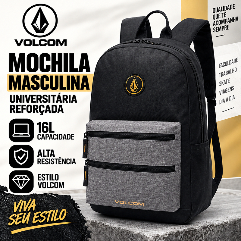 Mochila Volcom Masculina Universitária Escolar Trabalho Viagem Resistente 16L Preta