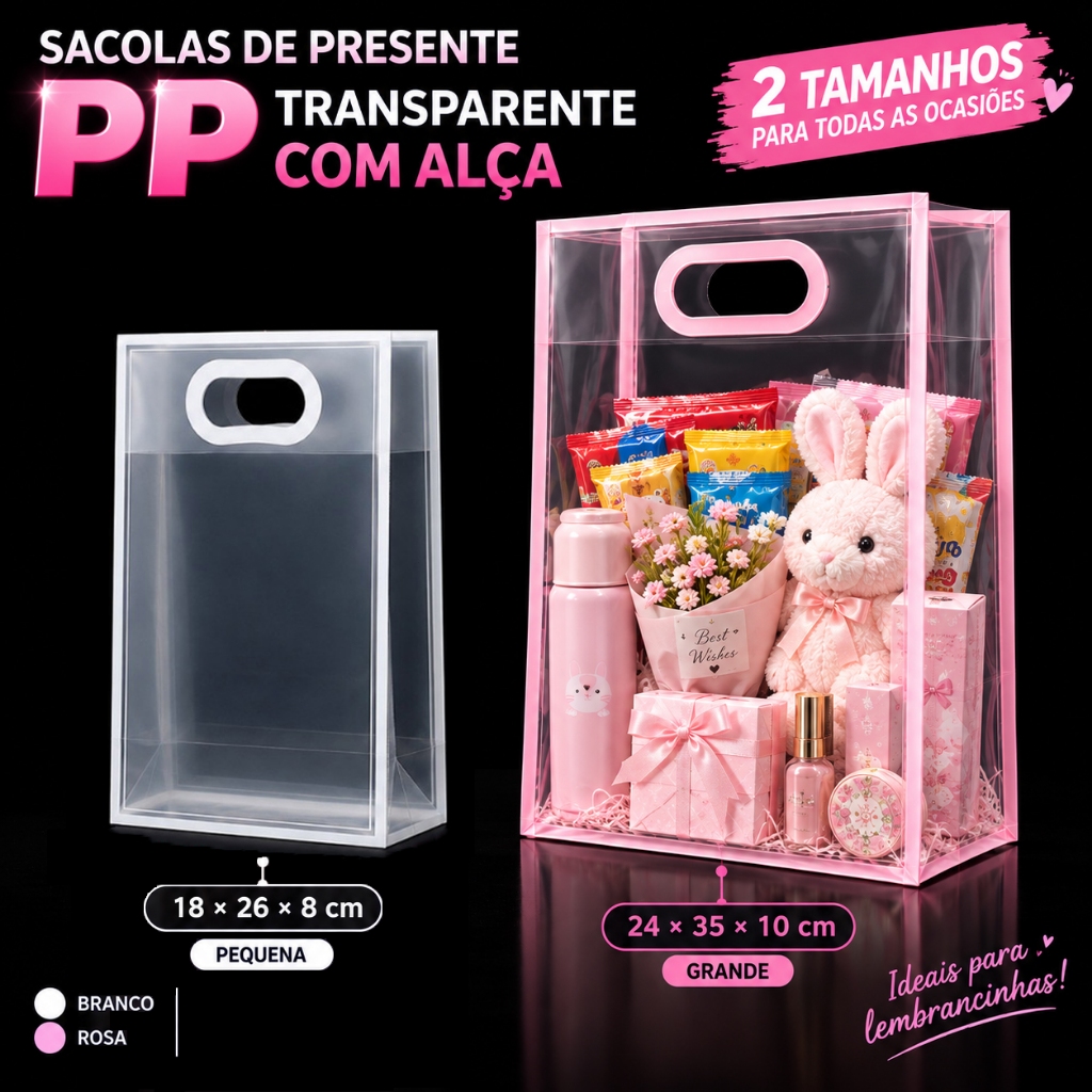 Kit 5/10 Sacolas de Presente Transparentes Premium com Borda Decorativa para Lembrancinhas 2 Tamanhos