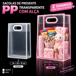 Kit 5/10 Sacolas de Presente Transparentes Premium com Borda Decorativa para Lembrancinhas 2 Tamanhos