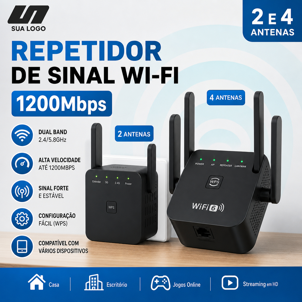 Repetidor WiFi 1200Mbps 2/4 Antenas 110V 220V Ultra Rápido Sinal Forte Amplificador Rede Sem Fio