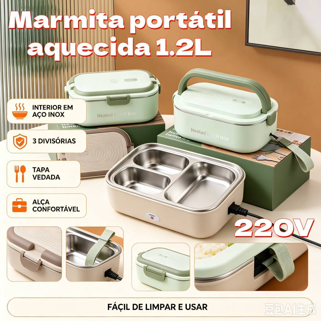 Caixa Térmica Elétrica Portátil Aço Inoxidável 1,2L 18V 220W, Marmita Aquecedora de Refeições