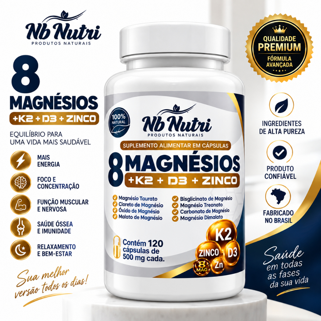 8 Magnésios com Vitamina K2, D3 e Zinco | 120 Cápsulas 500mg | Fórmula Completa