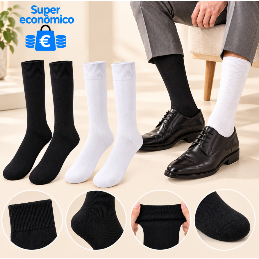 Meia Social Masculina Cano Alto em Algodão Lisa para Terno Sapato Social Casamento Trabalho Preto Branco Tam 40-45