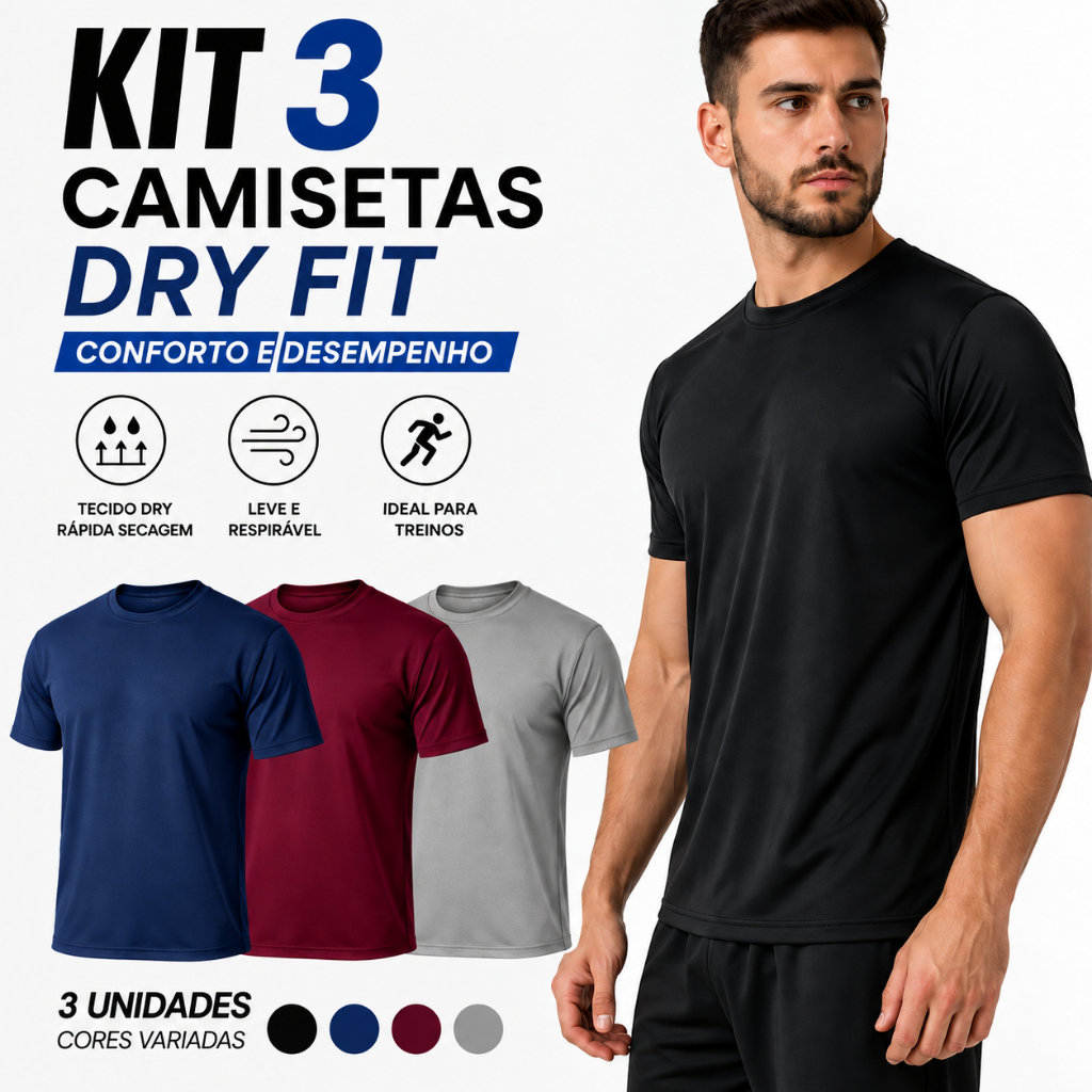Kit 3 Camisetas Masculina  Dry Fit Academia Treino Fitness Esportiva Poliéster