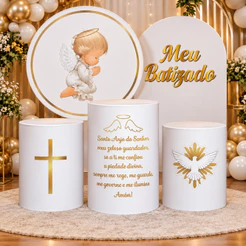 Kit Painel Festivo Tecido Helanca Tema Batizado Painel Romano Redondo Capa Cilindro Kit Completo