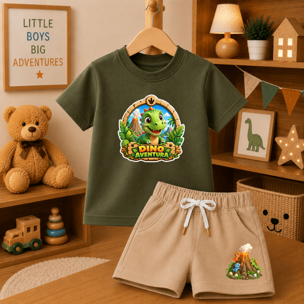 Conjunto Infantil Camiseta 100% Algodão e Bermuda Moletinho Dinossauro Dino Aventura Menino Alta Qualidade Juvenil