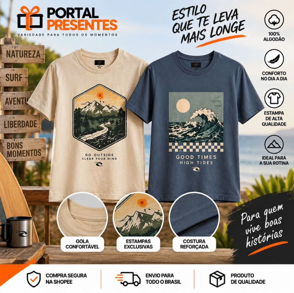 Kit 2 Camiseta Camisas Masculinas Estampadas Algodão Premium Confortável Streetwear Moda Masculina