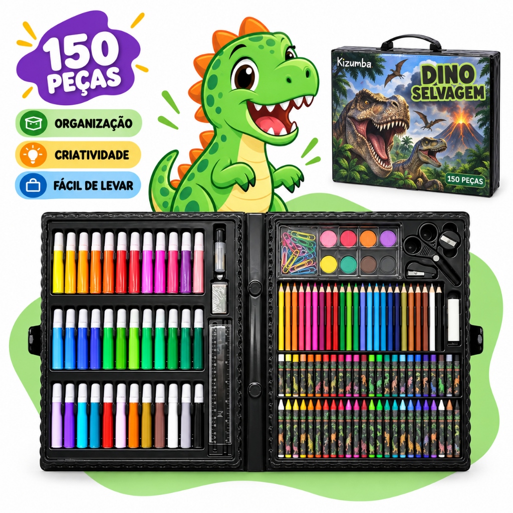 Estojo Maleta De Desenho E Pintura 150 Peças Dinossauro Com Canetinhas Lápis Giz Criança Kizumba