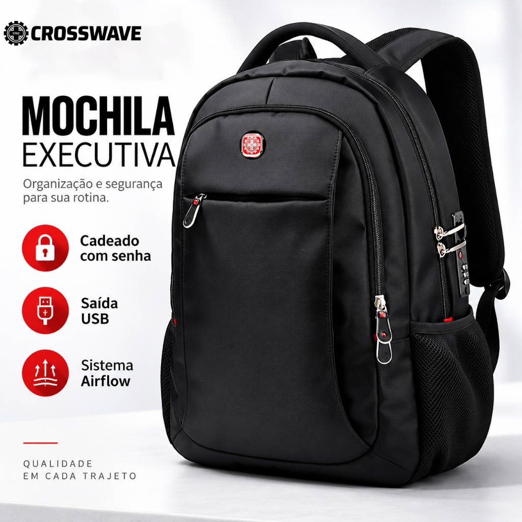 Mochila Masculina Crosswave com Cadeado Antifurto USB Espaçosa para Trabalho e Uso Diário