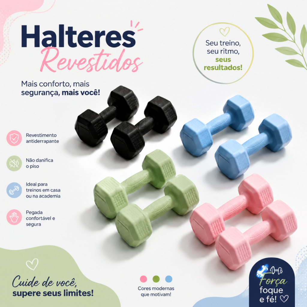 Halteres Hexagonais emborrachados: antiderrapantes, silenciosos e duráveis. Várias cores e pesos.