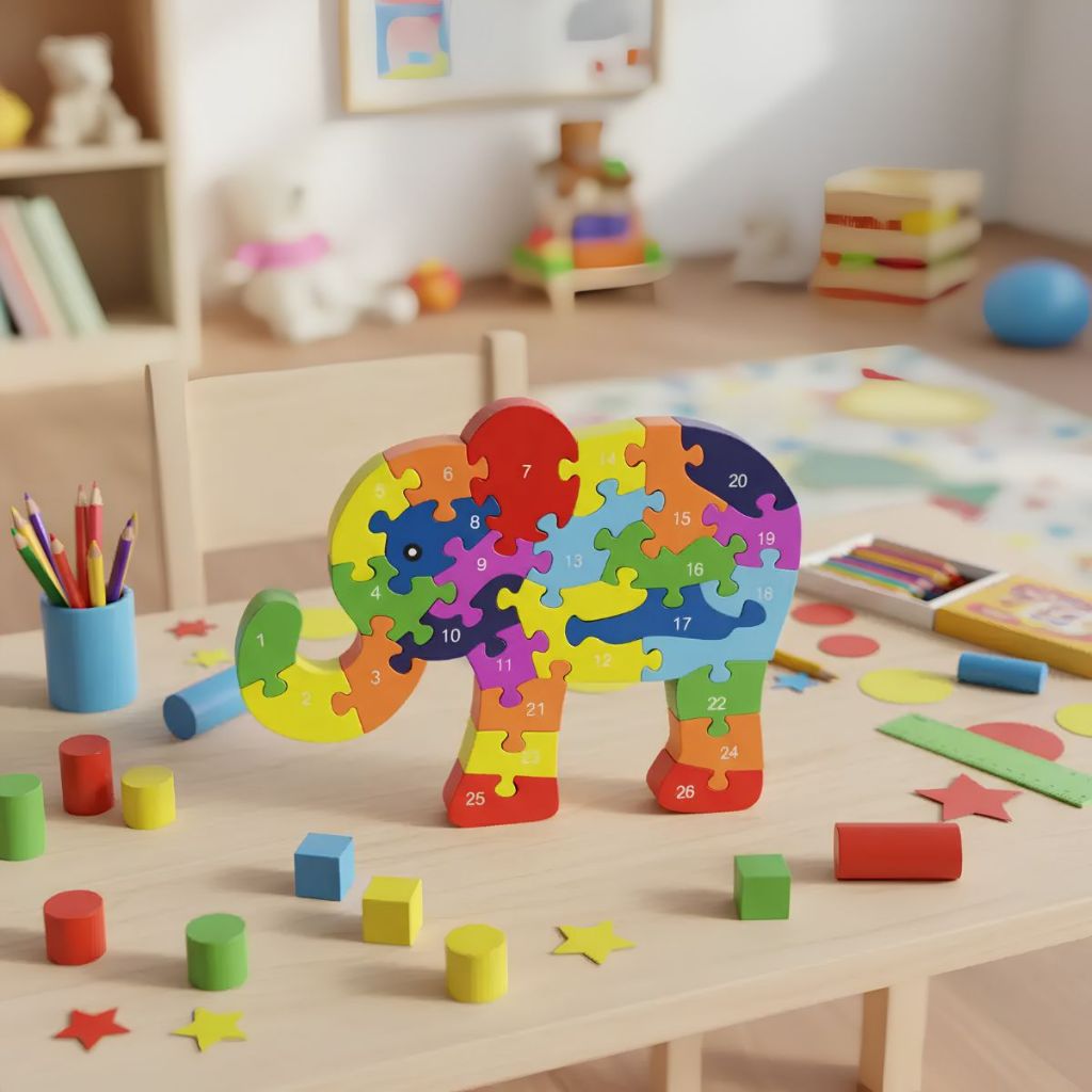 Quebra-cabeça Madeira Infantil Educativo Montessori Animal Elefante Com 26 Peças do Alfabeto