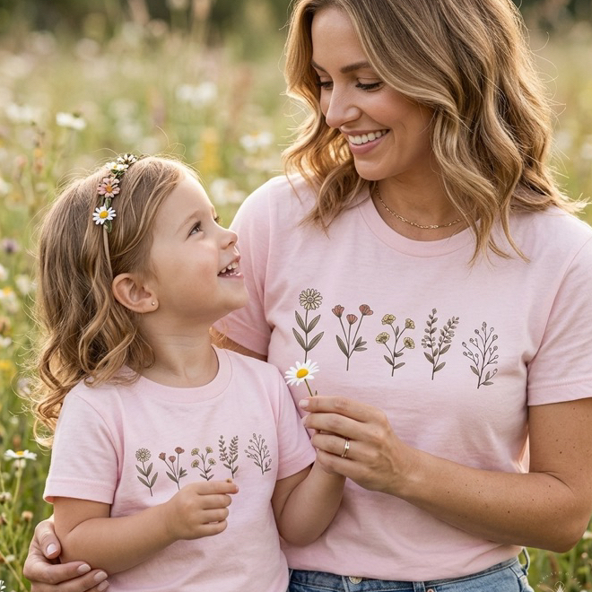 Kit Mãe e Filha Tal Mãe Tal Filha Camisetas Combinando Floral 100% Algodão Feminina Infantil