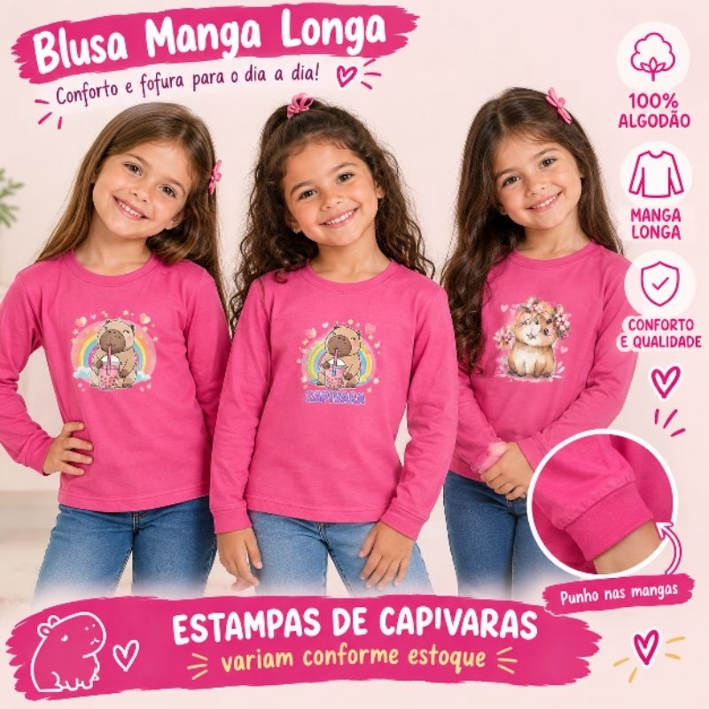 Blusa Infantil Manga Longa – Algodão Com Estampa de Capivara (Tam. 4 a 8)